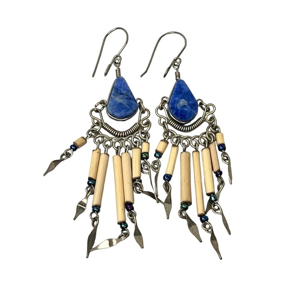 Jewelry - Peruvian Beaded Silvertone Blue Chandelier Dangle Earrings